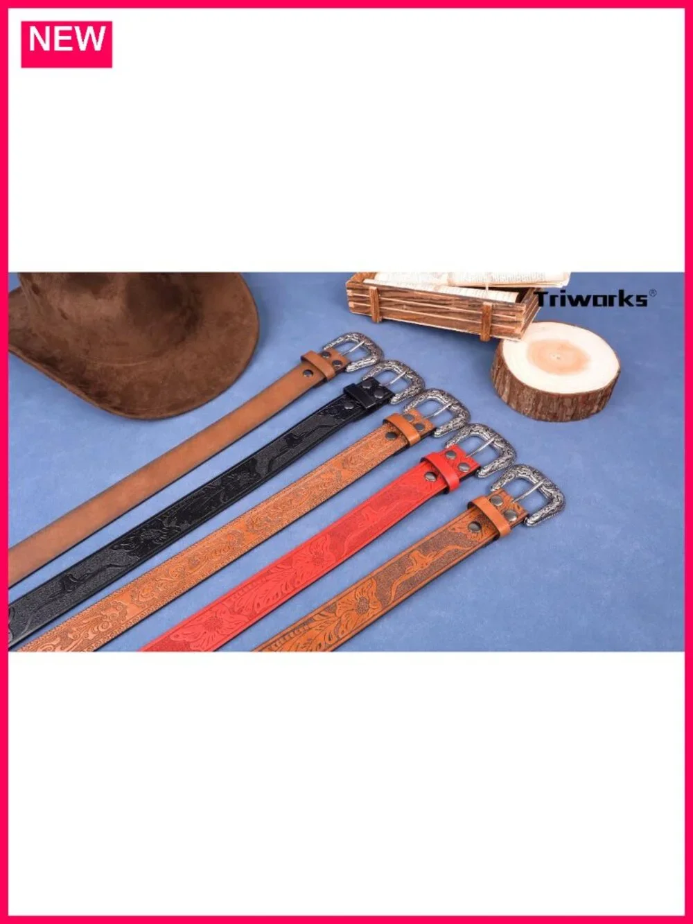 Vintage Western PU Leather Belt with Floral Carved Buckle for Jeans
